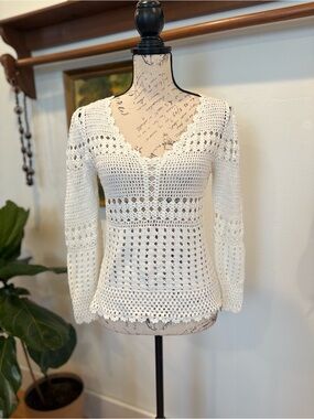 Catherine Malandrino White Crochet Knit Boho Sweater Top